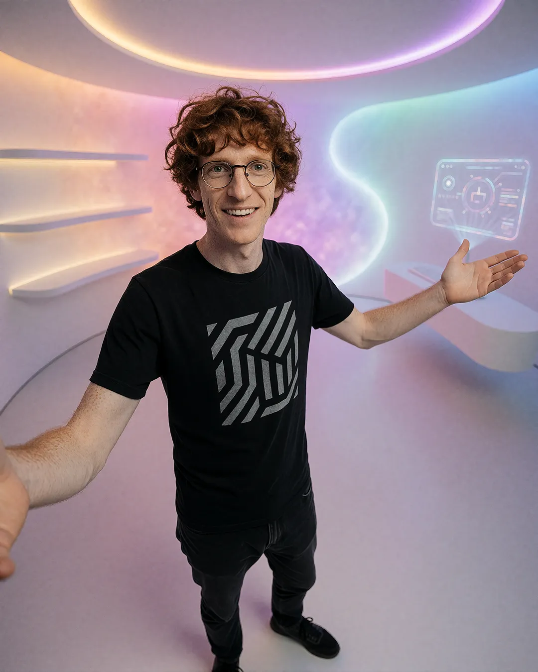 Tobias Osterhage macht ein Selfie in einem futuristischen weißen Raum mit Hologramm-Anzeige.