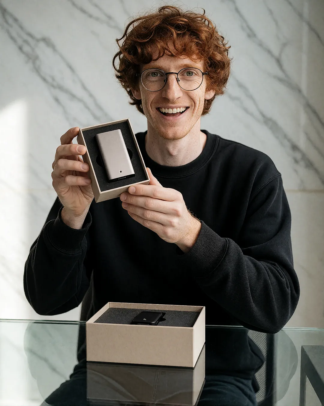 Tobias Osterhage packt lachend ein silbernes Tech-Gadget vor einer Marmorwand aus.