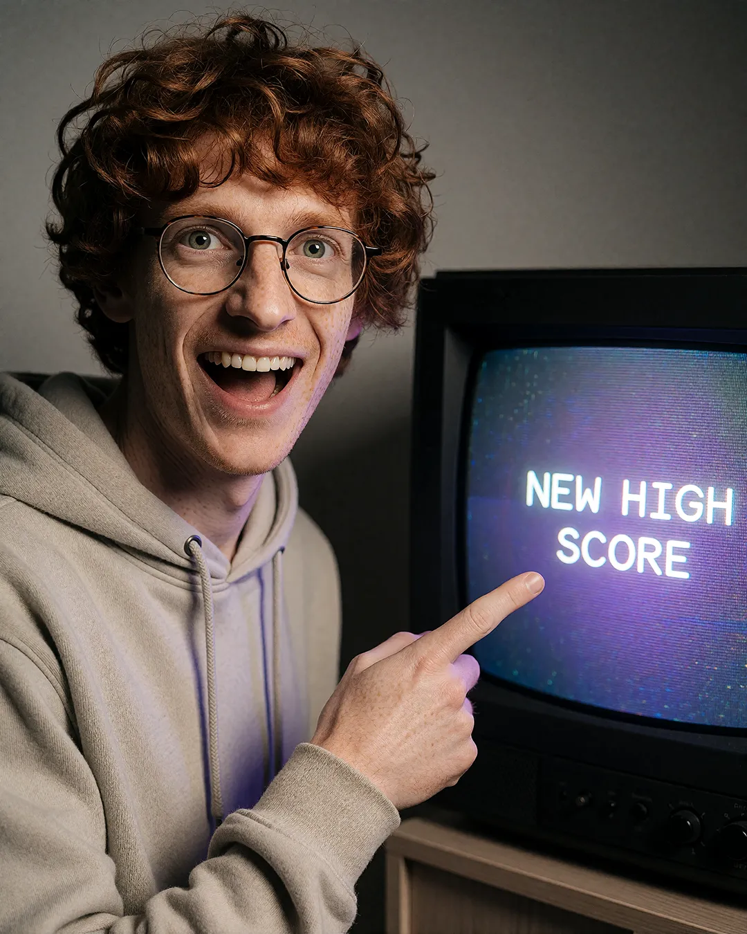 Tobias Osterhage zeigt lachend auf einen Retro-Fernseher mit der Anzeige New High Score.