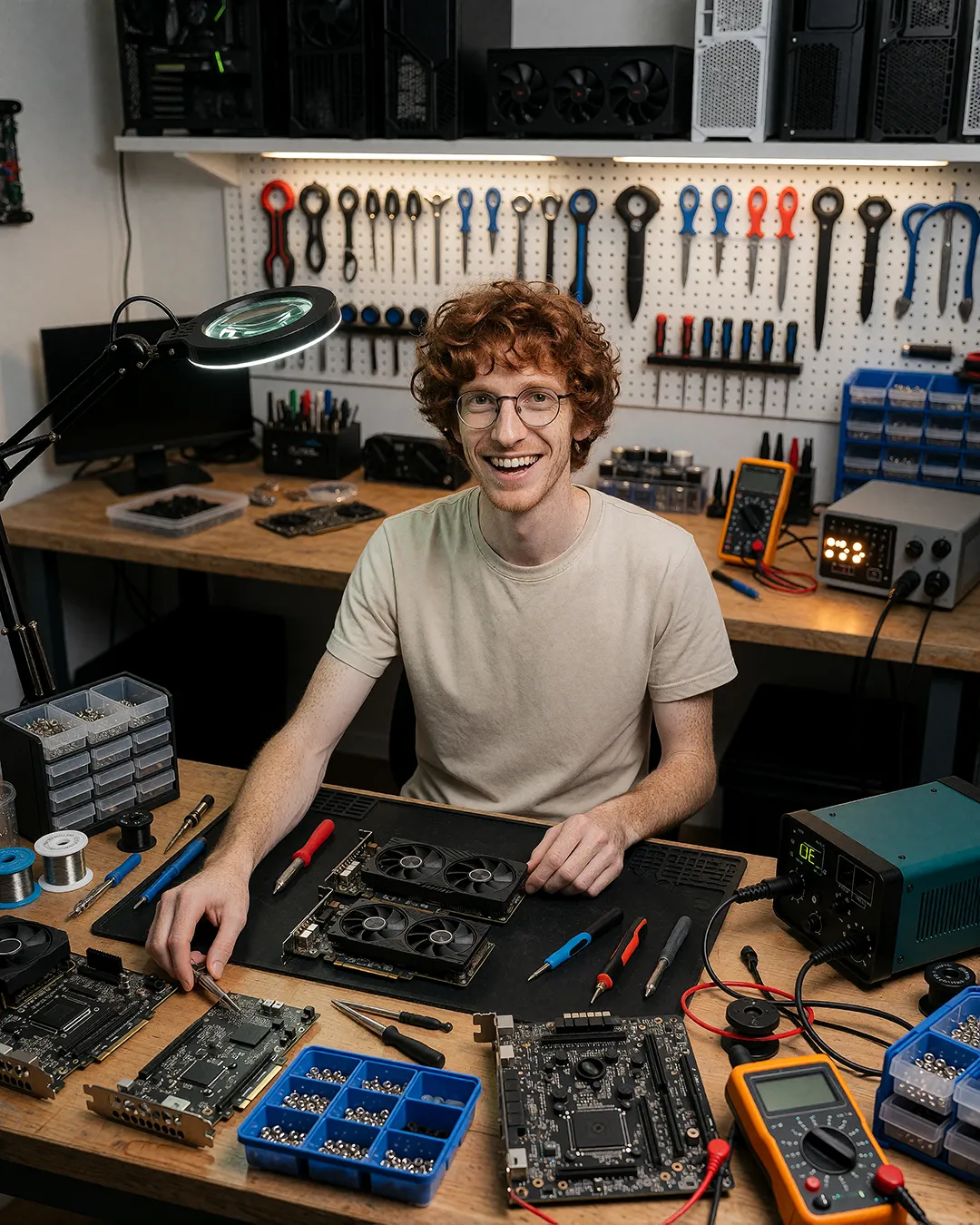 Tobias Osterhage lächelt an seiner Werkbank voller PC-Hardware und Werkzeug.