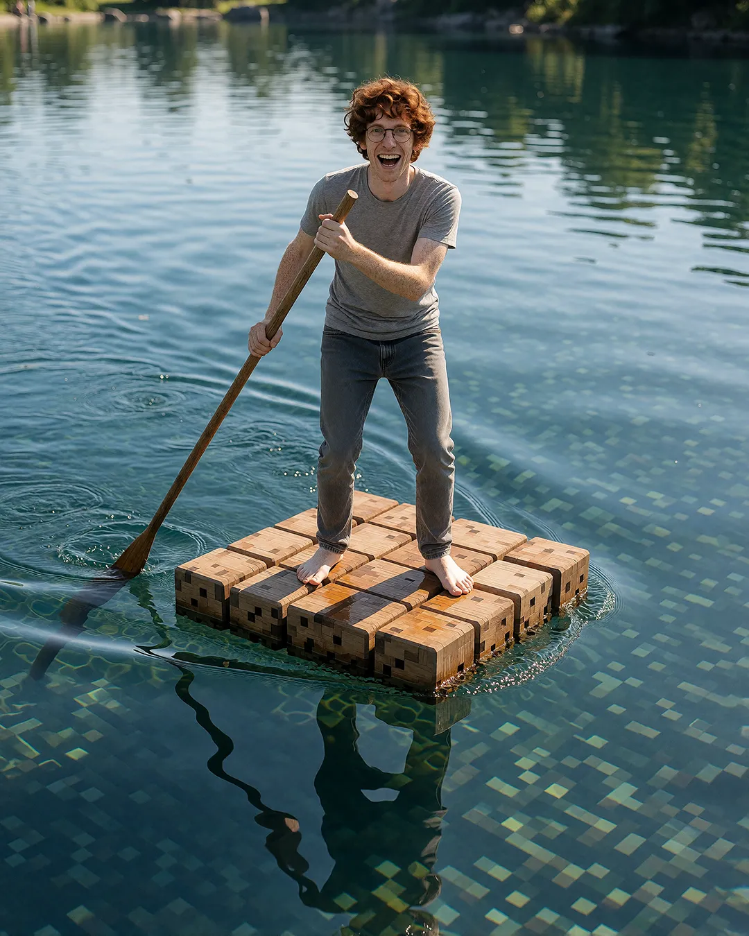 Tobias Osterhage rudert lachend auf einem Floß aus Pixel-Blöcken über einen See.