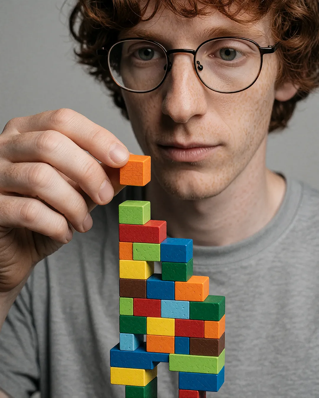 Tobias Osterhage baut konzentriert einen bunten Pixel-Turm aus Bauklötzen.