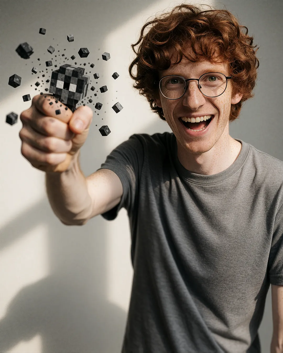 Tobias Osterhage lacht mit einer explodierenden Pixel-Faust aus einem Videospiel-Effekt.