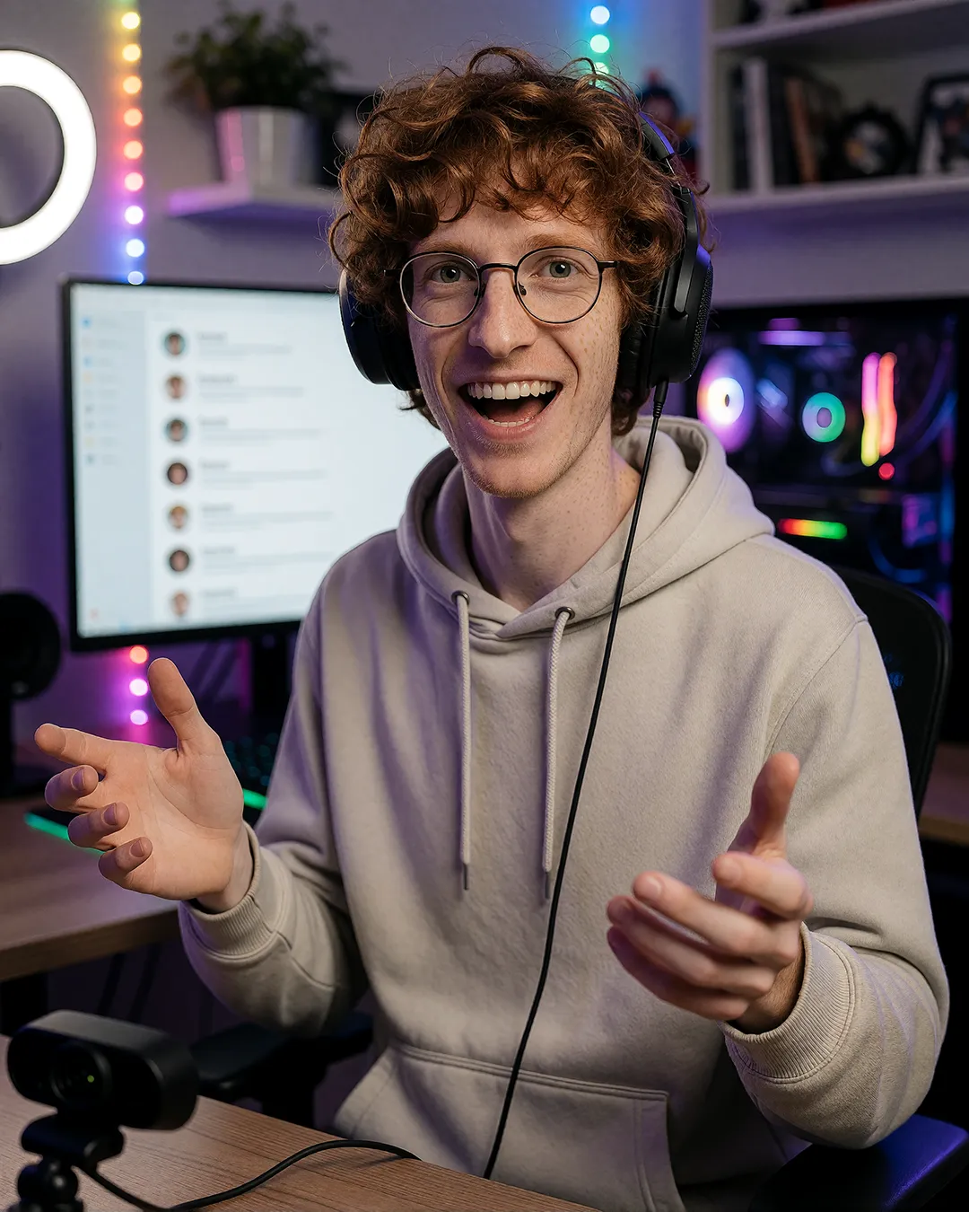 Tobias Osterhage gestikuliert lachend mit Headset vor seinem bunt beleuchteten Streaming-Setup.