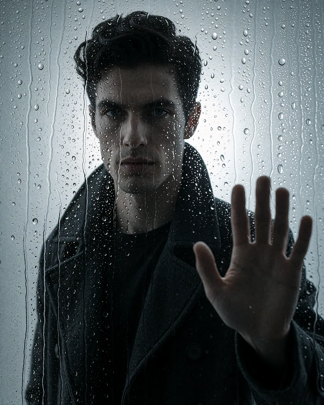 Alessandro Conti, KI Männer Model, dramatisches Portrait hinter beschlagener Fensterscheibe im Regen