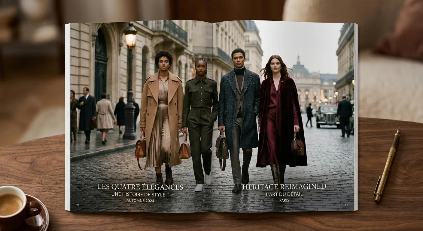 Print-Anzeige mit KI Models, aufgeschlagenes Modemagazin mit Straßenkampagne