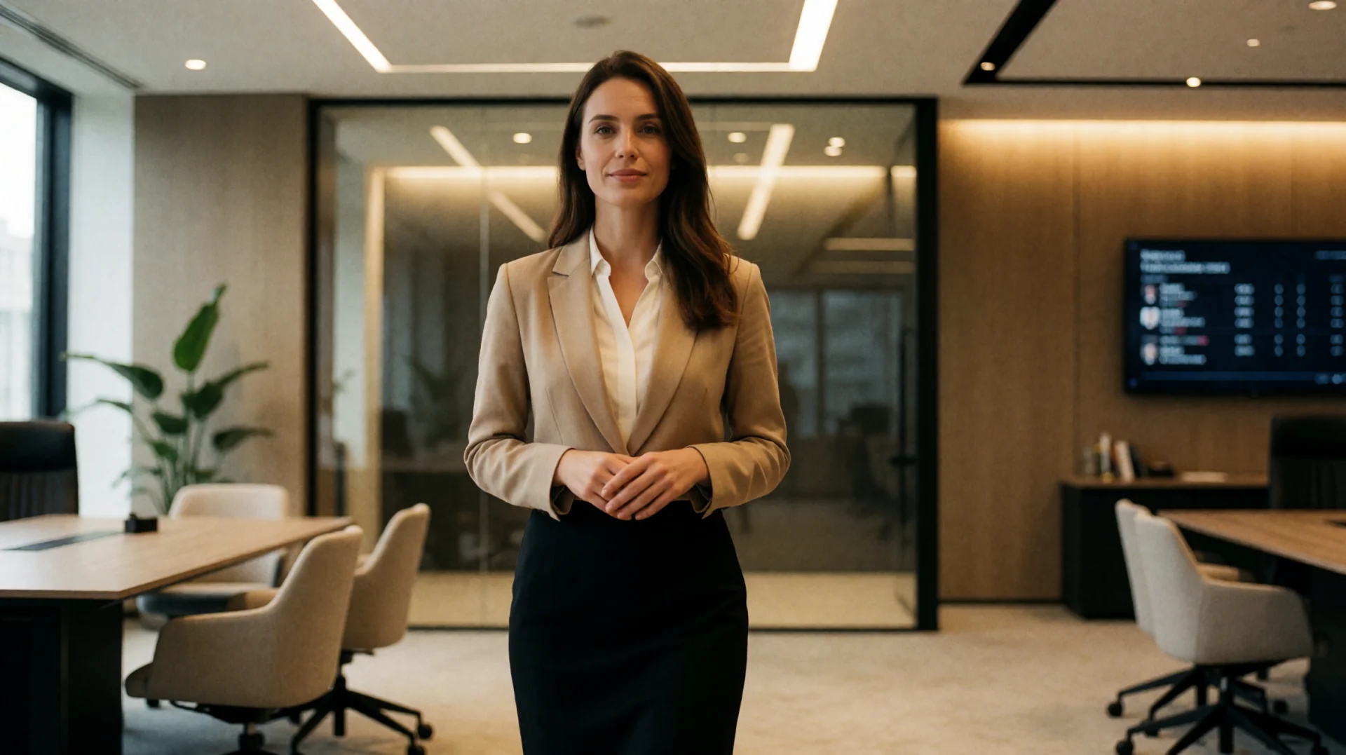 Anwaltsfoto mit KI generiertem Portrait einer Rechtsanwältin im Kanzlei-Büro