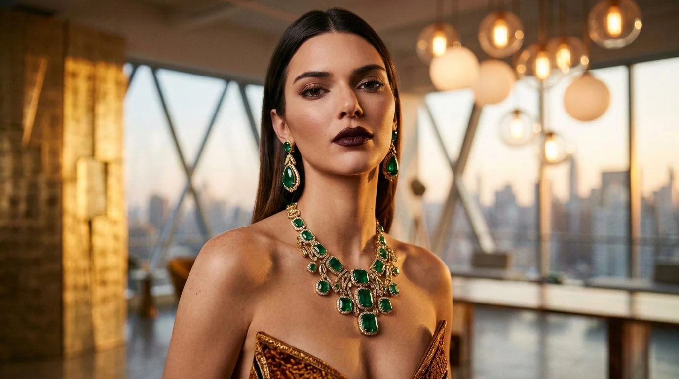 Schmuck-Fotografie mit KI Model, Diamant- und Smaragd-Collier in perfektem Licht