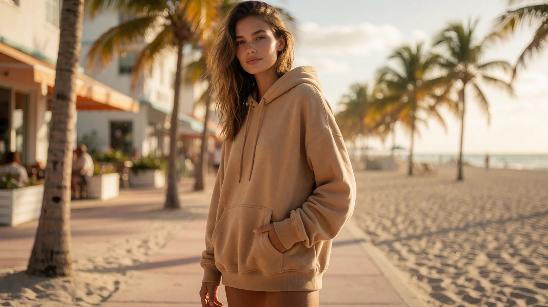 Shopify Produktbild mit KI Model in Hoodie, Lifestyle-Aufnahme am Strand