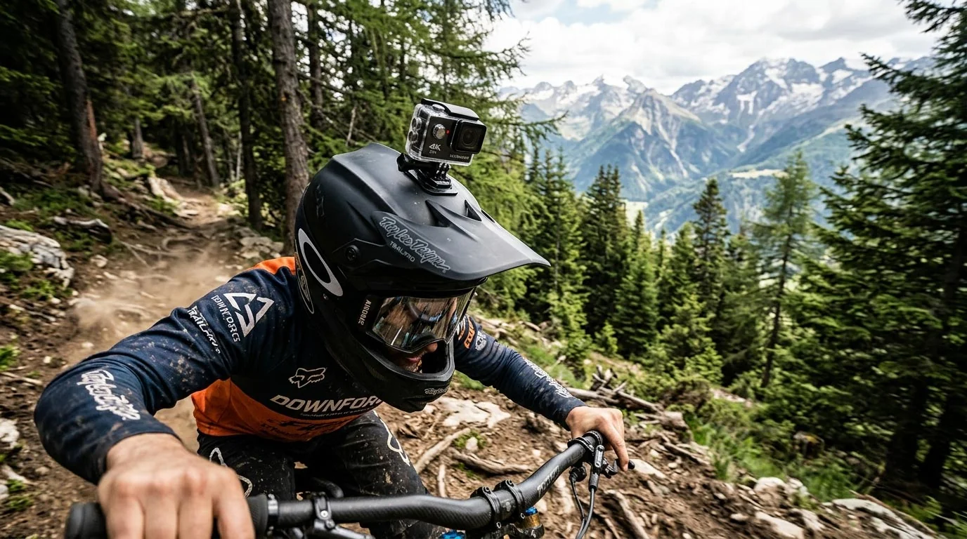 Social Media Ads mit KI generiertem Content, Mountainbike-Action-Aufnahme