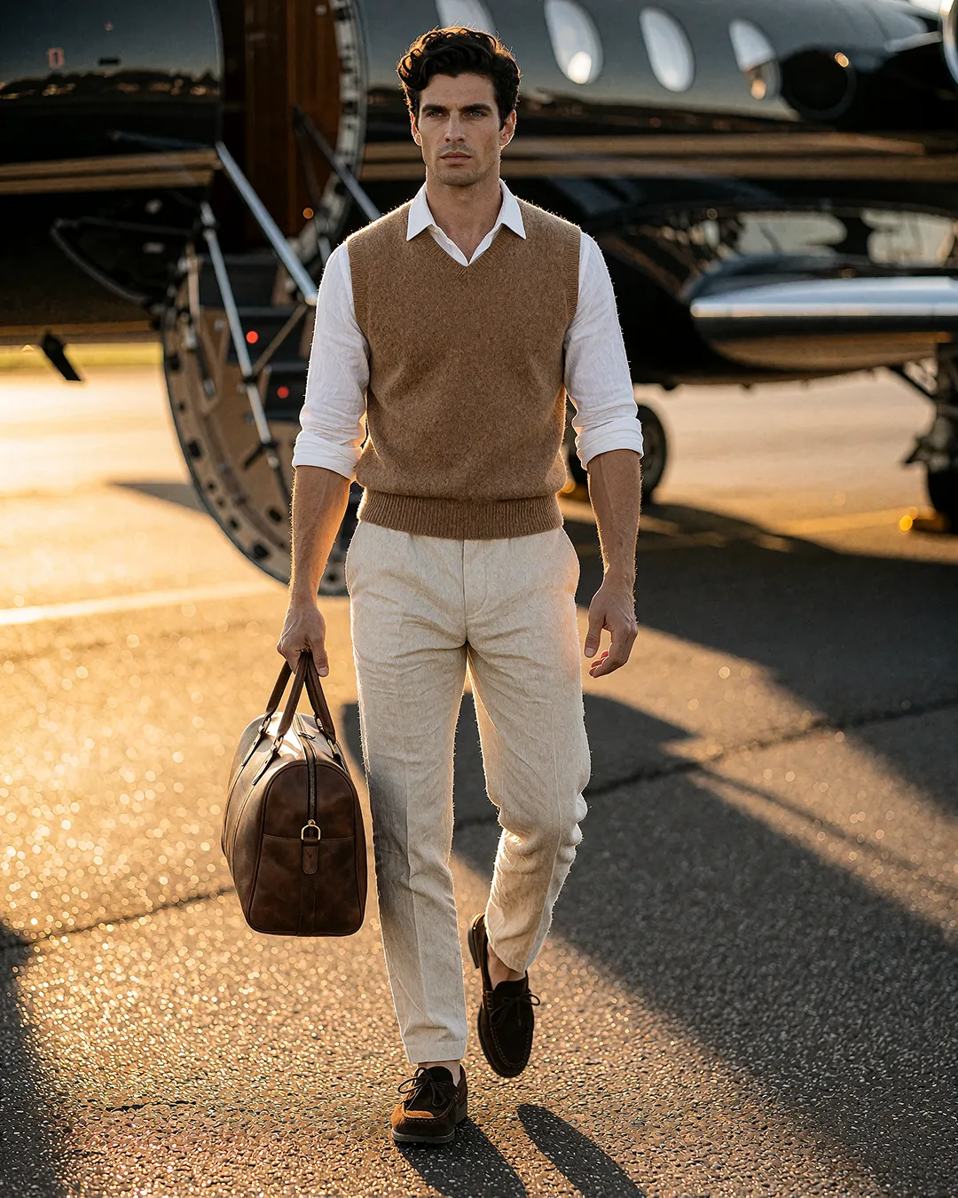 Alessandro Conti, KI Model im Reise-Look vor schwarzem Privatjet