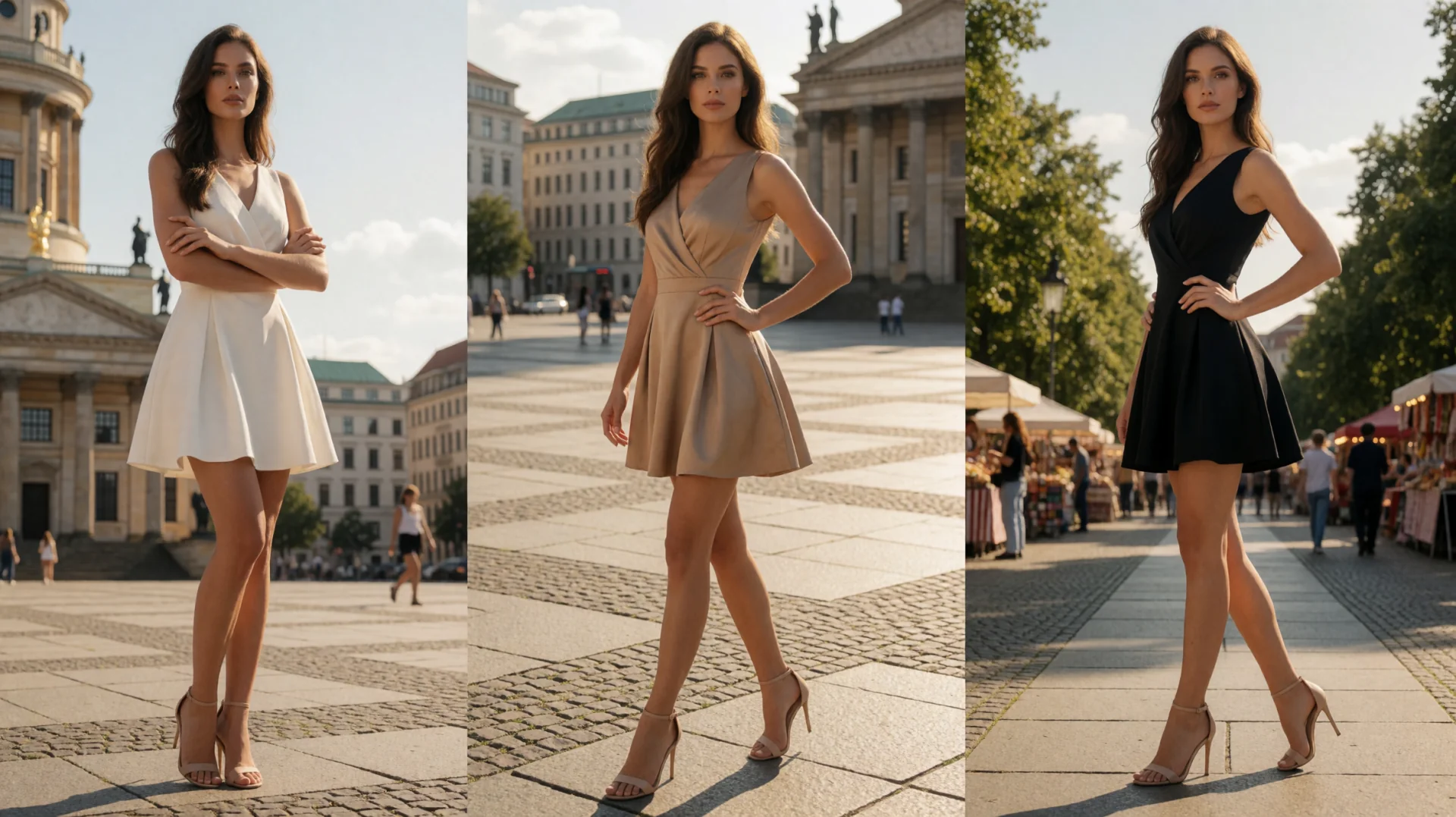 Variantenbilder mit einem KI Model im gleichen Kleid in drei Farben