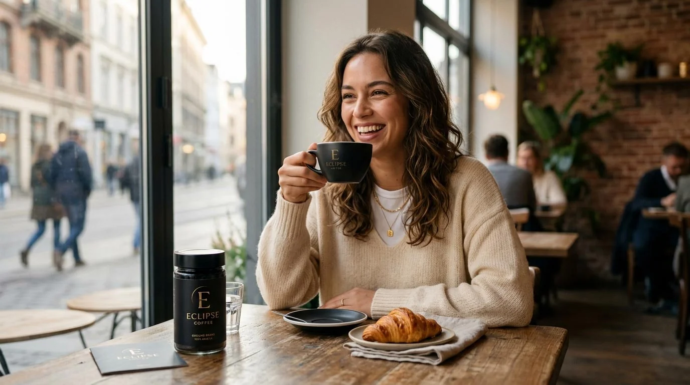 Werbekampagne mit KI Model in Café-Szene mit Markenprodukt